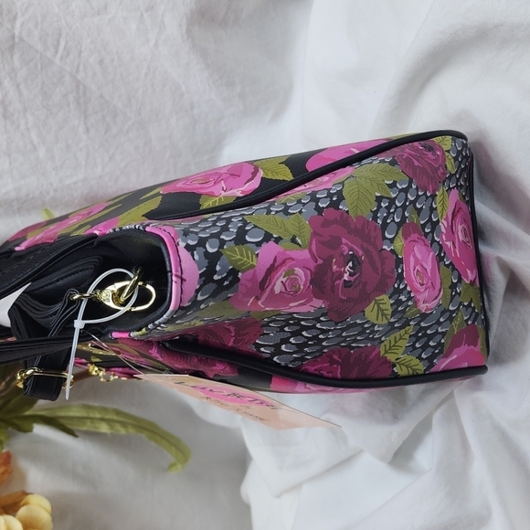 Betsey Johnson Black and Pink Floral Satchel - Picture 5 of 8